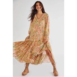 Free People Feeling Groovy Floral Maxi Dress in Mustard, Green, Pink Size L